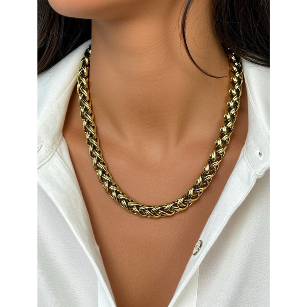 Vintage Monet Heavy Gold Tone Braided Chain Necklace Signed 18"